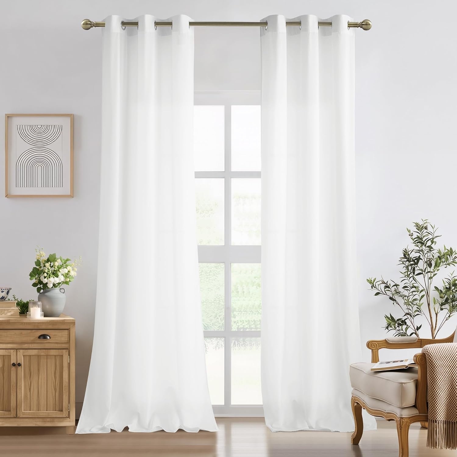 image:imageNICETOWN White NonSeeThrough Light Filtering Curtains Semi Sheer Privacy Grommet Drapes 108 Inches Long 2 Panels Cat Proof Window Curtains for Living Room Bedroom Home Decor 42 WOff White