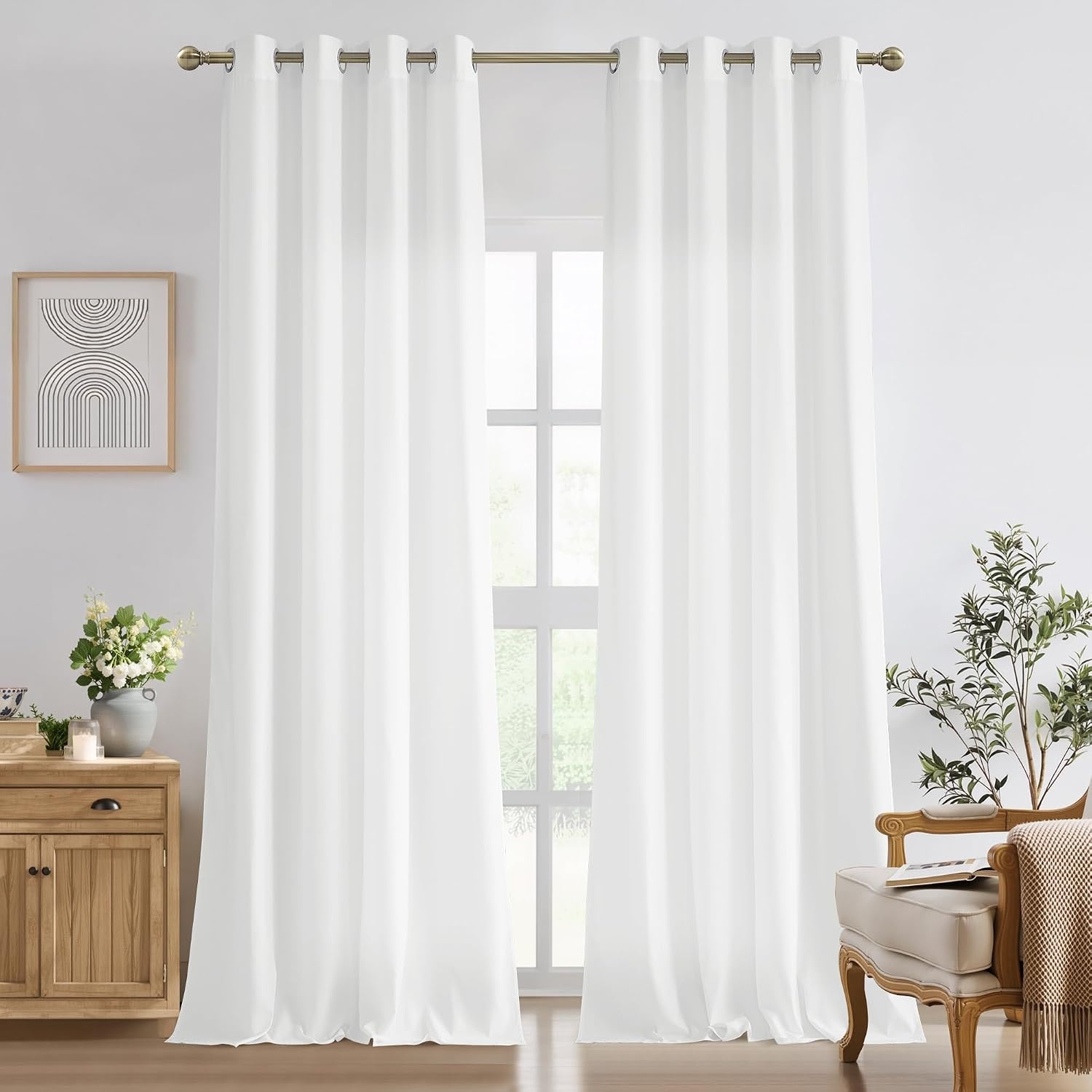 image:imageNICETOWN White NonSeeThrough Light Filtering Curtains Semi Sheer Privacy Grommet Drapes 108 Inches Long 2 Panels Cat Proof Window Curtains for Living Room Bedroom Home Decor 42 WOff White