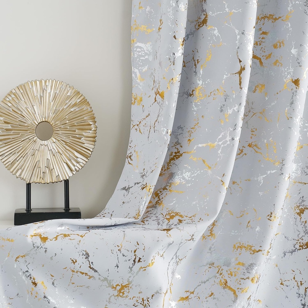 image:imageNICETOWN 100 Blackout Curtains Silver and Gold Patterned for Bedroom Living Room 84 Inches Long Marble Print Room Darkening Noise Reducing Thermal Insulated Grommet Abstract Drapes 52 W 2 PanelsGreyish White