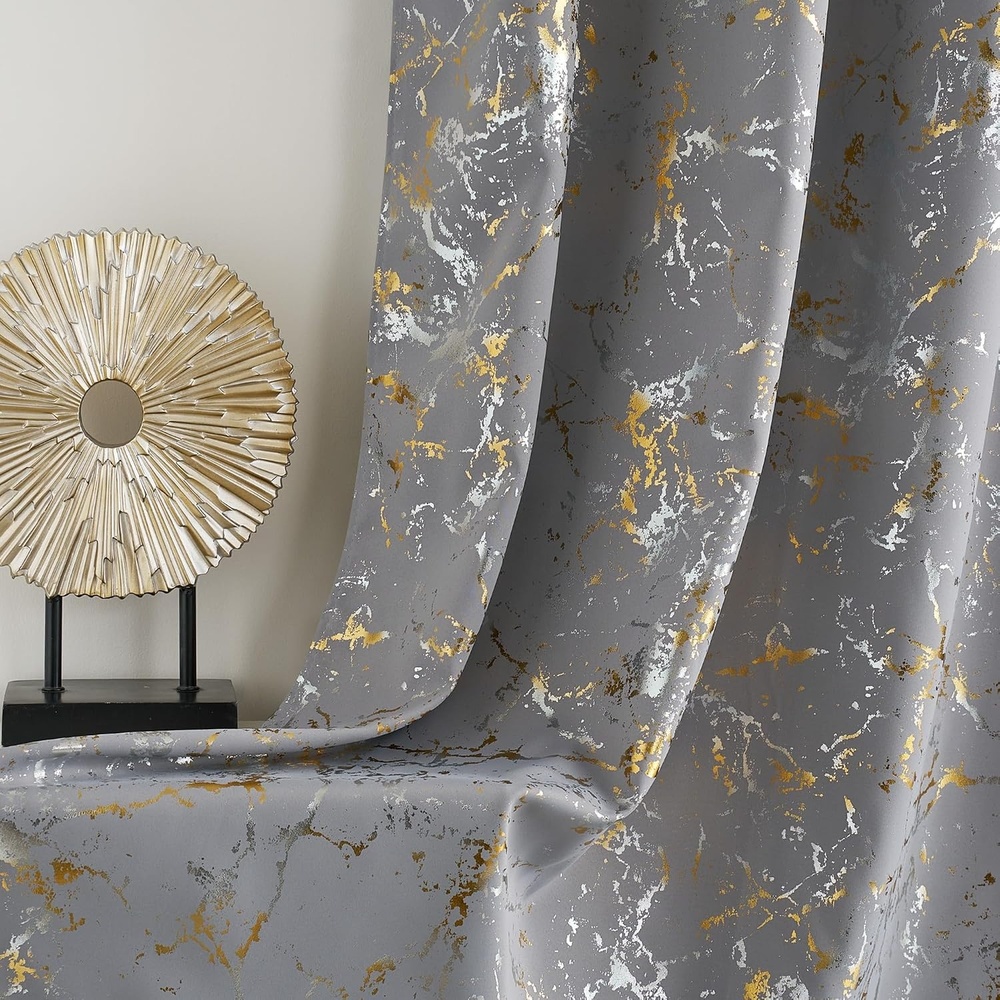 image:imageNICETOWN 100 Blackout Curtains Silver and Gold Patterned for Bedroom Living Room 84 Inches Long Marble Print Room Darkening Noise Reducing Thermal Insulated Grommet Abstract Drapes 52 W 2 PanelsSilver Grey