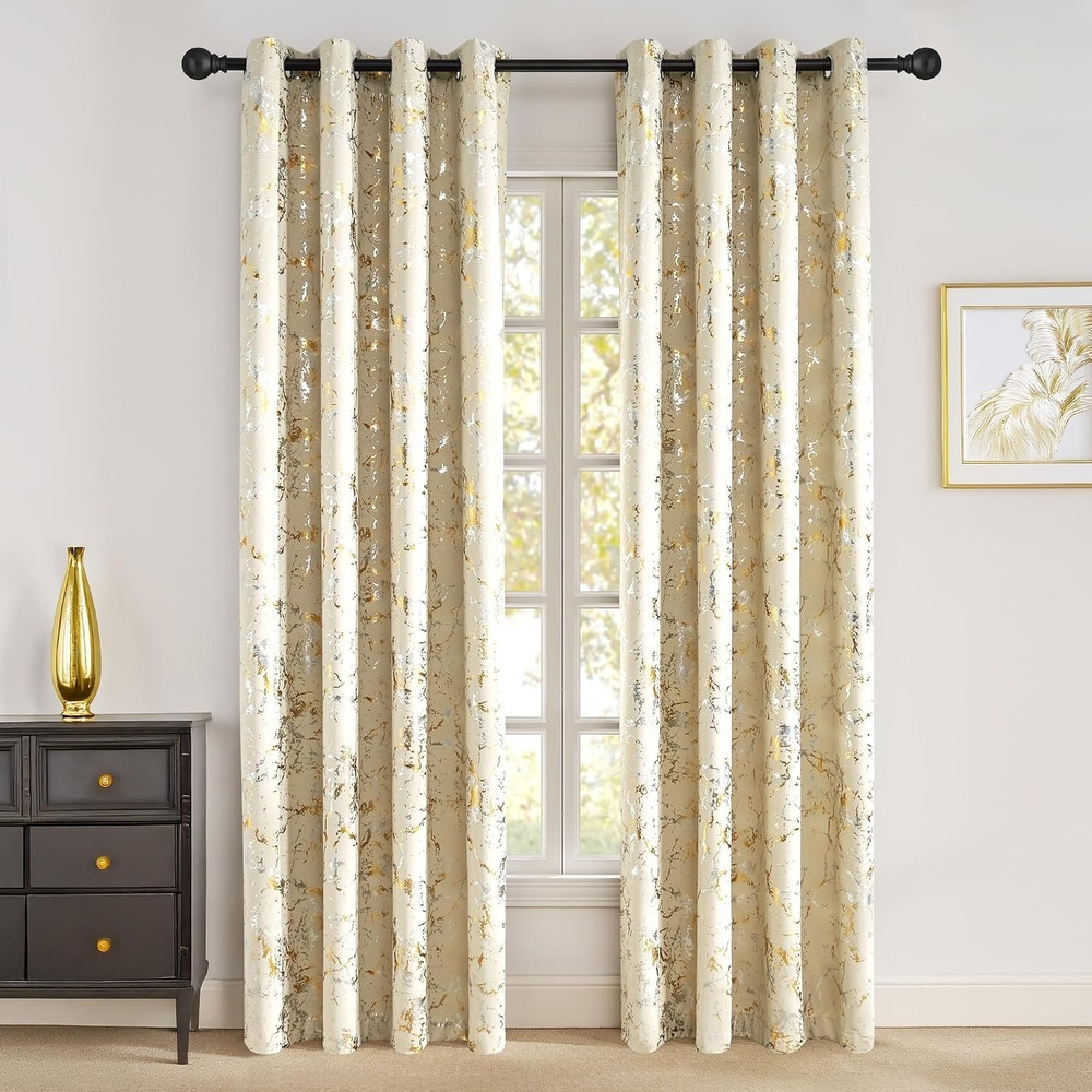 image:imageNICETOWN 100 Blackout Silver and Gold Patterned Curtains for Living Room Bedroom Beige Marble Print with Sheer Curtains Grommet Casual Voile Sheer with Light Filter Window Treatments