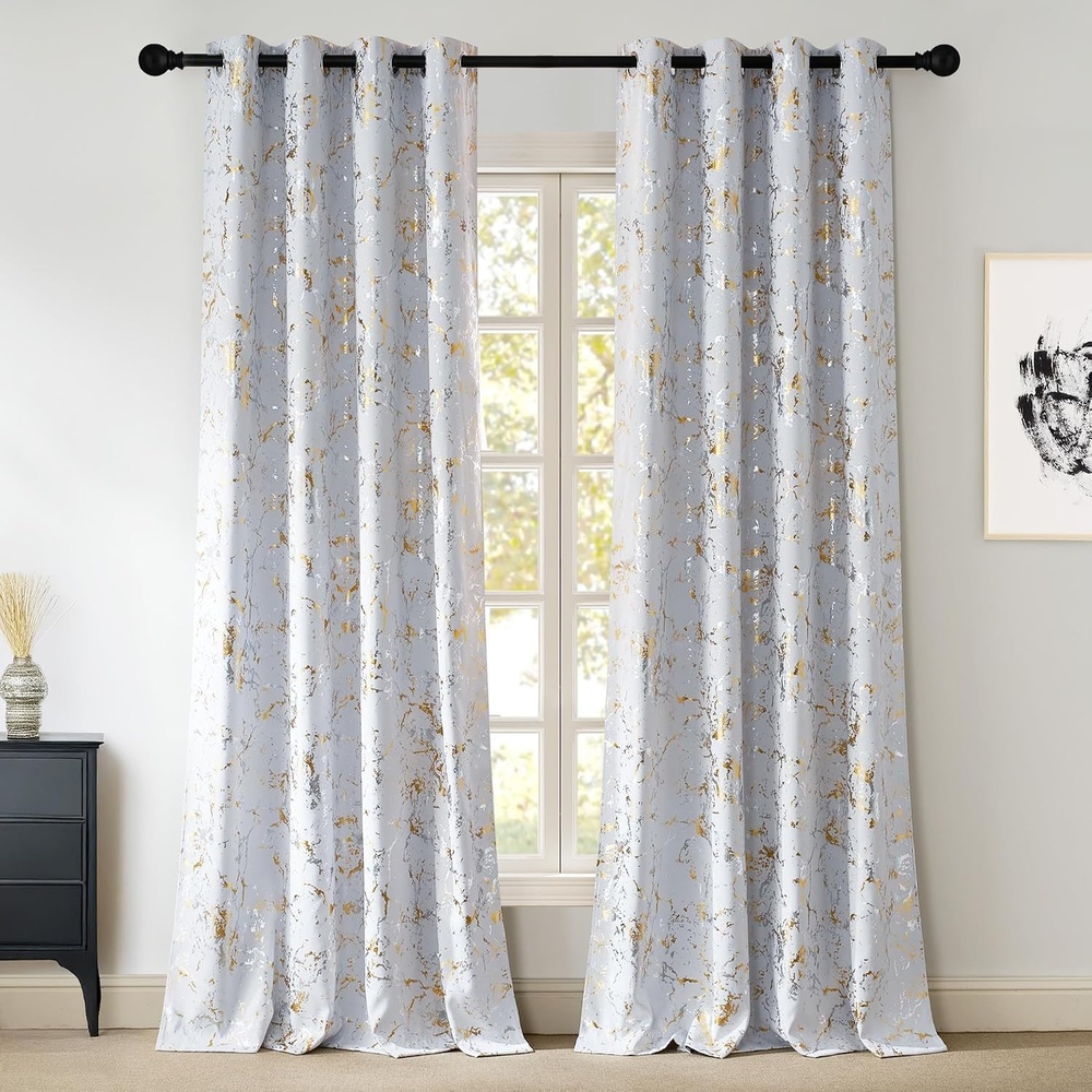 image:imageNICETOWN 100 Blackout Silver and Gold Patterned Curtains for Living Room Bedroom Marble Print with White Sheer Curtains 84 inches Long Home Decoration Grommet Elegant Window Treatments