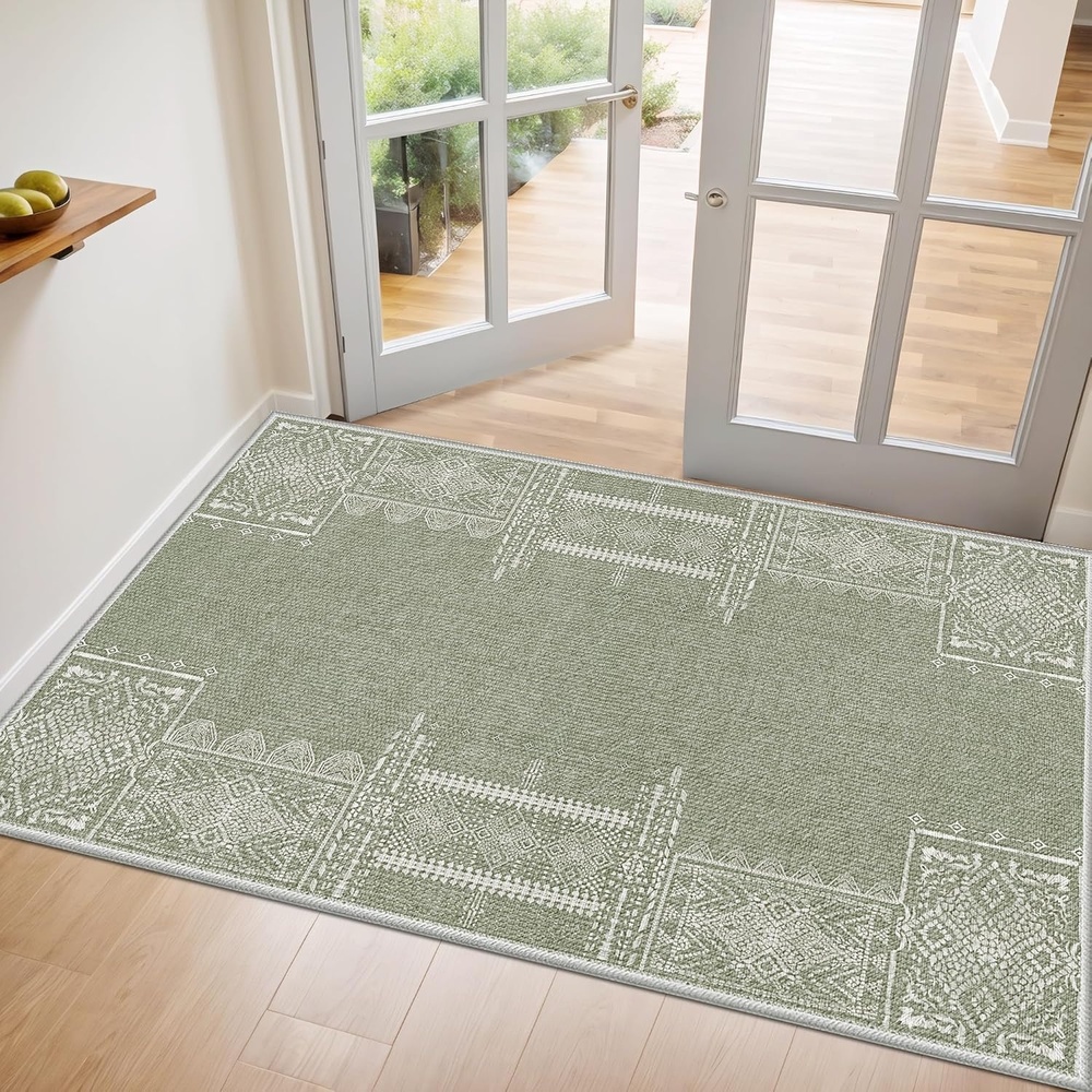 image:imageNICETOWN 8x10 UltraThin Brown Oriental Rug for Bedroom Tumble Washable Area Rugs 8x10 Boho NonSlip Vintage Living Room Rugs Oriental Carpet Entrance for Kitchen Laundry Bathroom BedroomSage Green