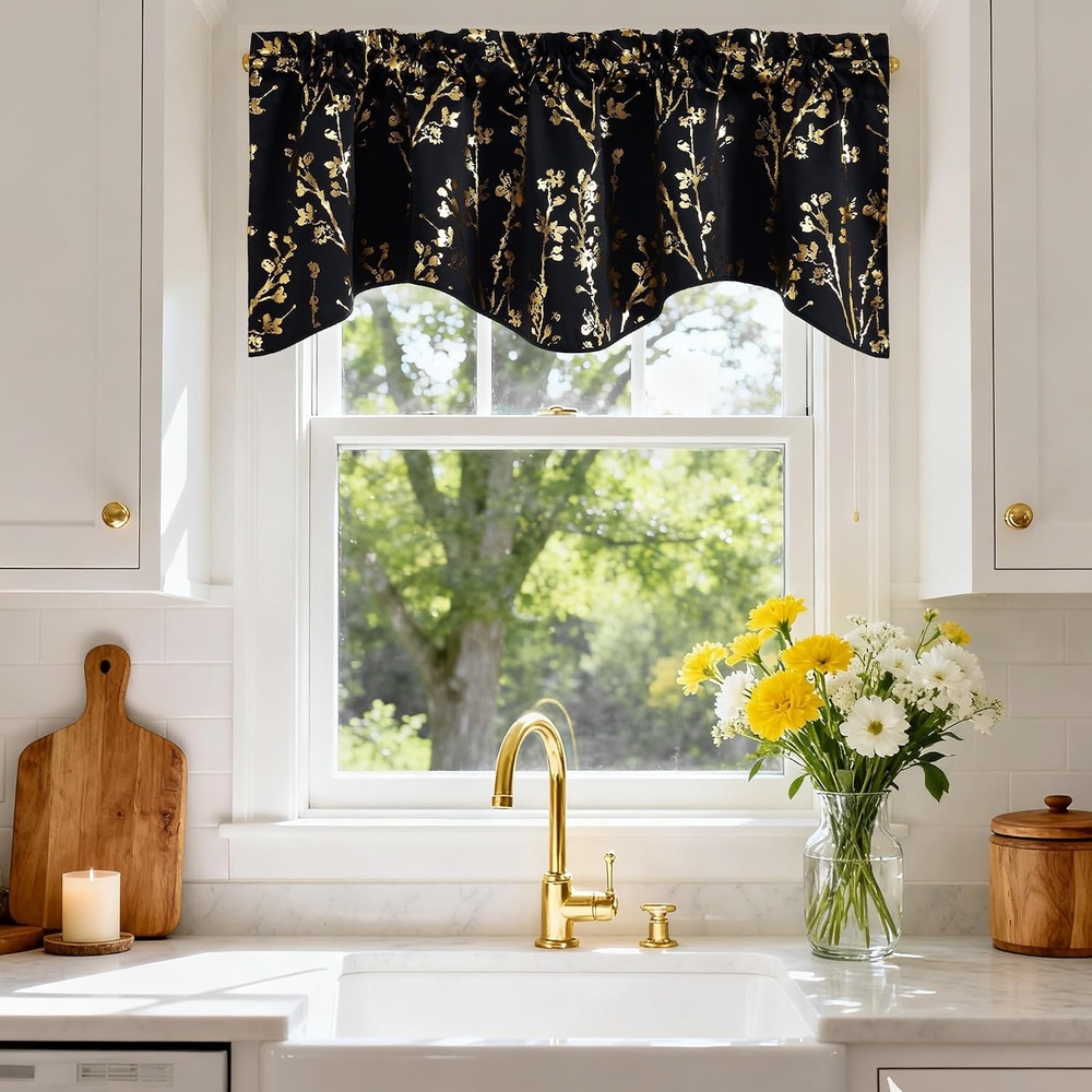 image:imageNICETOWN Blackout Floral Kitchen Valances for Windows 52 x 18 Inch LengthFloral Print Black