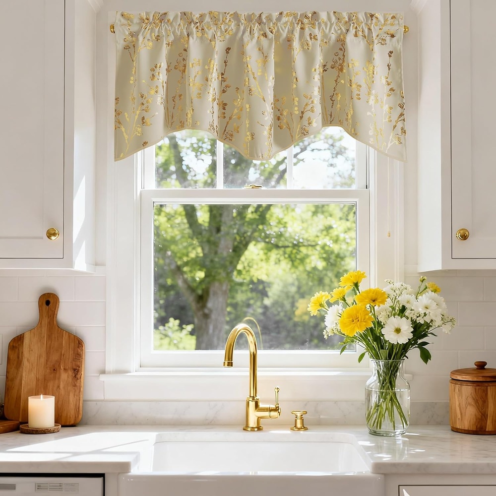 image:imageNICETOWN Blackout Floral Kitchen Valances for Windows 52 x 18 Inch LengthFloral Print Light Beige