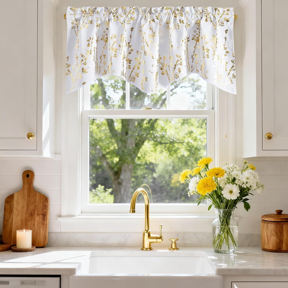 image:imageNICETOWN Blackout Floral Kitchen Valances for Windows 52 x 18 Inch LengthFloral Print White