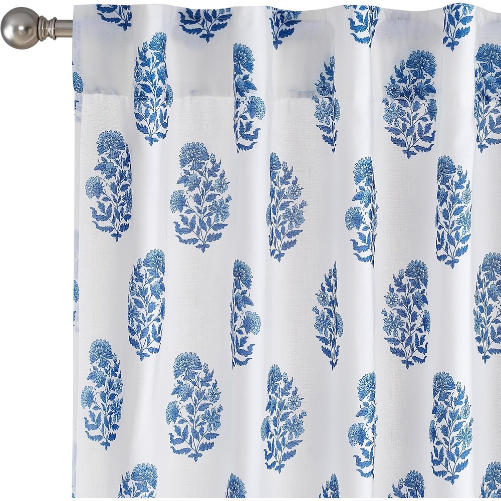 image:imageNICETOWN Floral Linen Curtains 84 inches Long Pink Pattern Printed for Girls Bedroom Nursery Boho Farmhouse Window Sheer Curtain Drapes Aesthetic Light Filtering Privacy 2 Panel Sets 55 WZ Blue 1