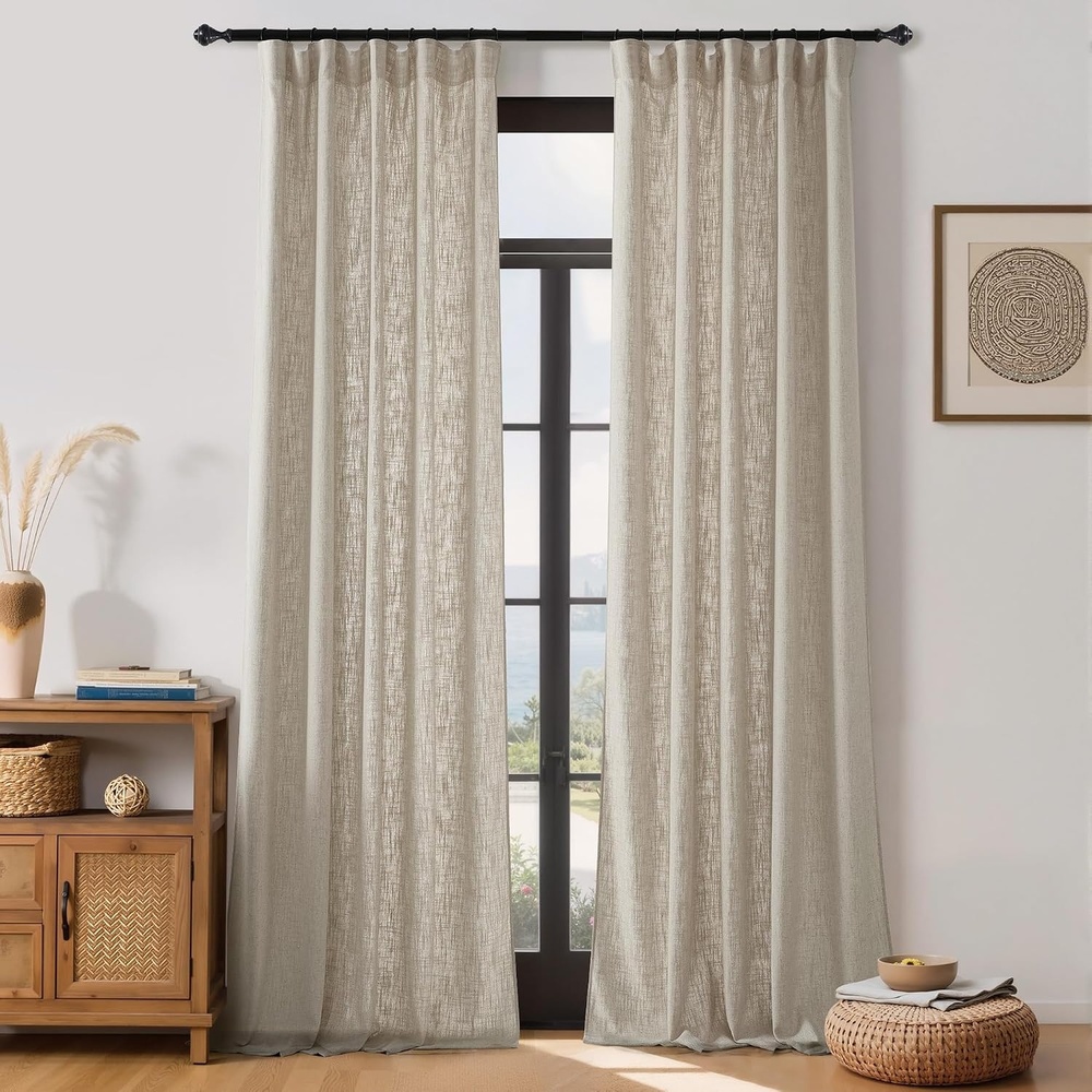 image:imageNICETOWN Floral Linen Curtains 84 inches Long Pink Pattern Printed for Girls Bedroom Nursery Boho Farmhouse Window Sheer Curtain Drapes Aesthetic Light Filtering Privacy 2 Panel Sets 55 WTaupe