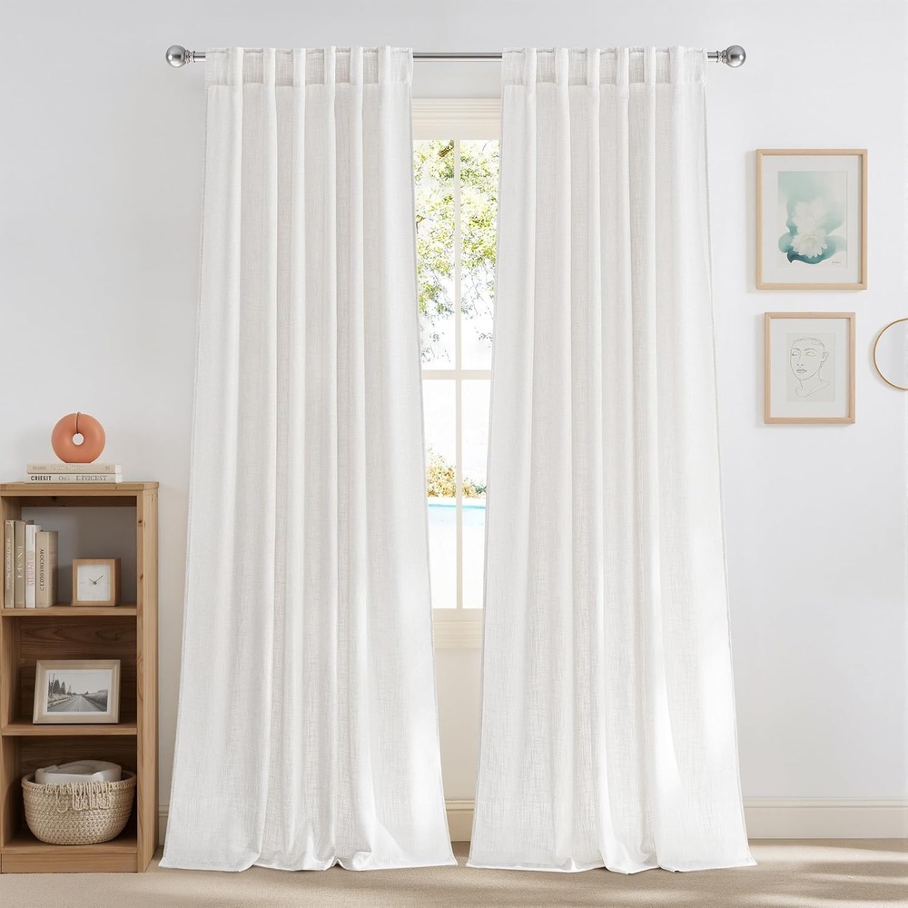 image:imageNICETOWN Floral Linen Curtains 84 inches Long Pink Pattern Printed for Girls Bedroom Nursery Boho Farmhouse Window Sheer Curtain Drapes Aesthetic Light Filtering Privacy 2 Panel Sets 55 WSnow White
