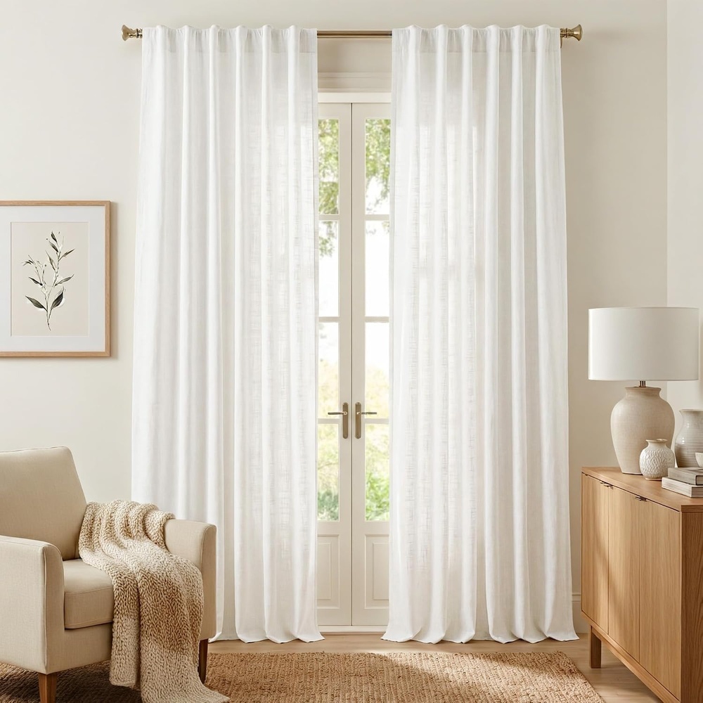 image:imageNICETOWN Floral Linen Curtains 84 inches Long Pink Pattern Printed for Girls Bedroom Nursery Boho Farmhouse Window Sheer Curtain Drapes Aesthetic Light Filtering Privacy 2 Panel Sets 55 WPure White