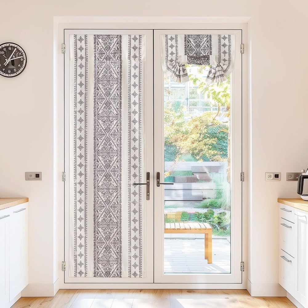 image:imageNICETOWN Glass Door Curtains Linen Blended Farmhouse French Door Blinds Boho Print Privacy Window Treatment Covering for Patio Front Tieback Include W26 x L72 inch Greyish White 1 PanelGreyish White