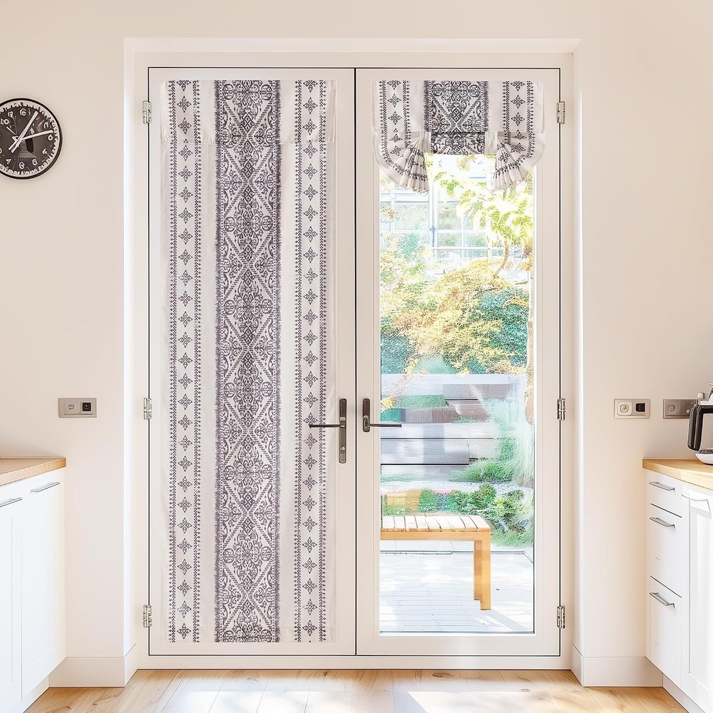image:imageNICETOWN Glass Door Curtains Linen Blended Farmhouse French Door Blinds Boho Print Privacy Window Treatment Covering for Patio Front Tieback Include W26 x L72 inch Greyish White 1 PanelNatural
