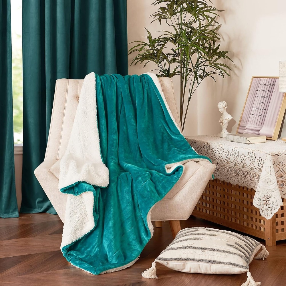 image:imageNICETOWN Grey Fleece Twin Blanket 300GSM Soft Lightweight Plush Cozy Twin Blankets for Bed Sofa Couch Travel Camping 60x80 inchesSherpa Fleece Teal