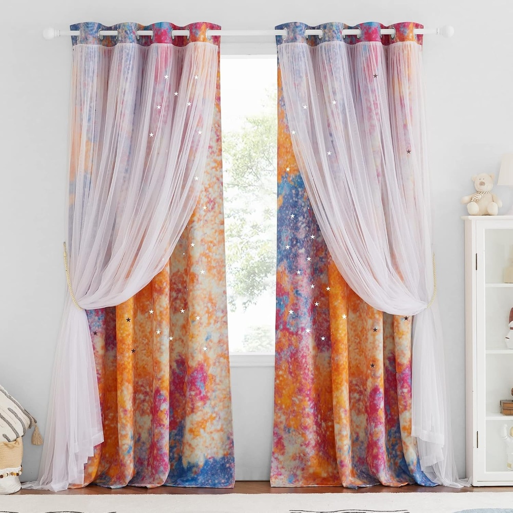 image:imageNICETOWN Kids Room Decor Curtains for Girls Nursery Star Cut Princess Room Design Curtains with Versatile Styling Options for Backdrops Pink amp Yellow amp Green amp Pink Each is W52 x L84 Sold by 2Yellow Pink