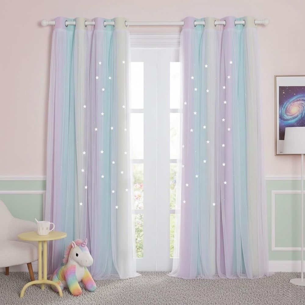 image:imageNICETOWN Kids Room Decor Curtains for Girls Nursery Star Cut Princess Room Design Curtains with Versatile Styling Options for Backdrops Pink amp Yellow amp Green amp Pink Each is W52 x L84 Sold by 2Purple Blue Yellow