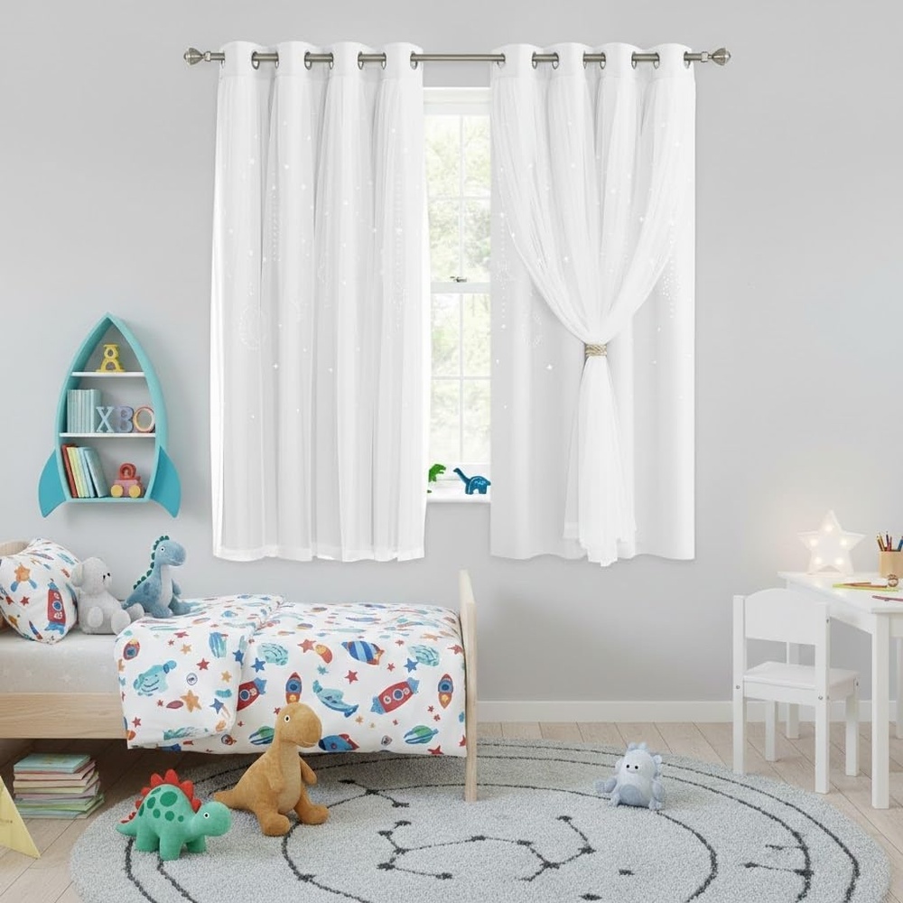 image:imageNICETOWN Kids Room Decor Curtains for Girls Nursery Star Cut Princess Room Design Curtains with Versatile Styling Options for Backdrops Pink amp Yellow amp Green amp Pink Each is W52 x L84 Sold by 2Moon Star Greyish White