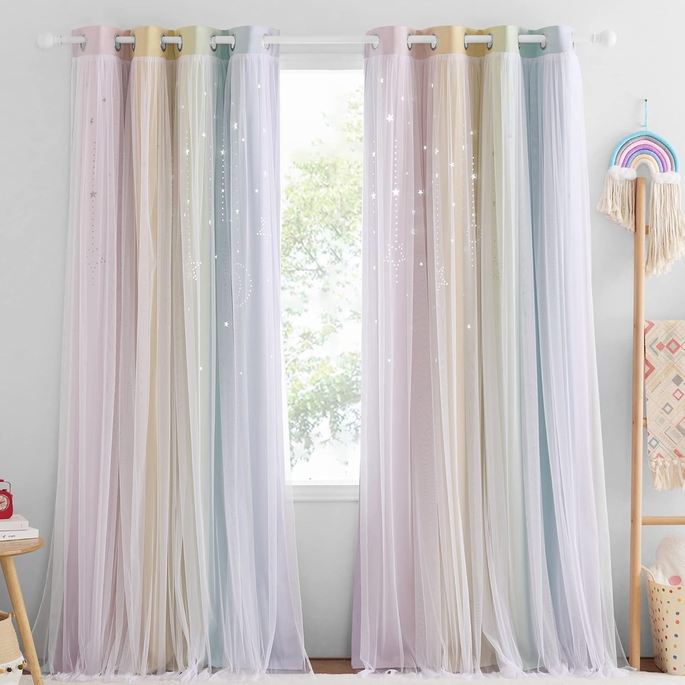 image:imageNICETOWN Kids Room Decor Curtains for Girls Nursery Star Cut Princess Room Design Curtains with Versatile Styling Options for Backdrops Pink amp Yellow amp Green amp Pink Each is W52 x L84 Sold by 2Moon Star Rainbow1