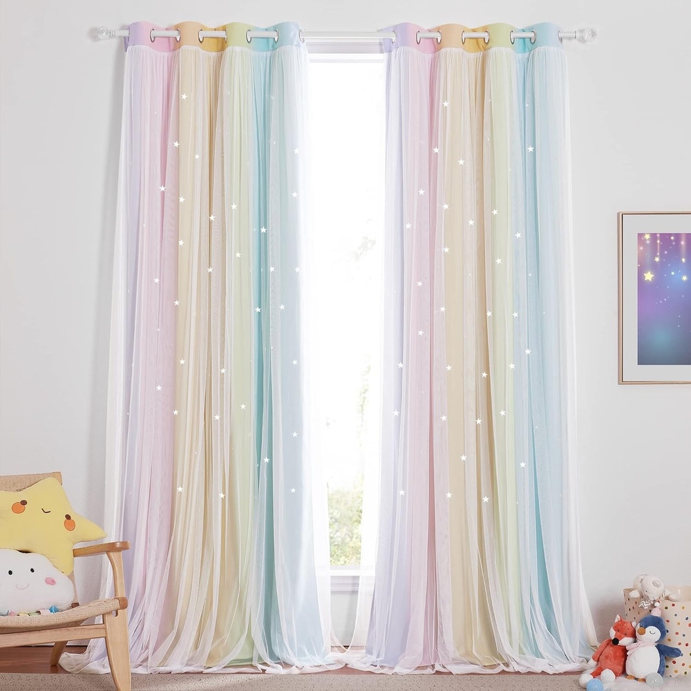 image:imageNICETOWN Kids Room Decor Curtains for Girls Nursery Star Cut Princess Room Design Curtains with Versatile Styling Options for Backdrops Pink amp Yellow amp Green amp Pink Each is W52 x L84 Sold by 2Rainbow3