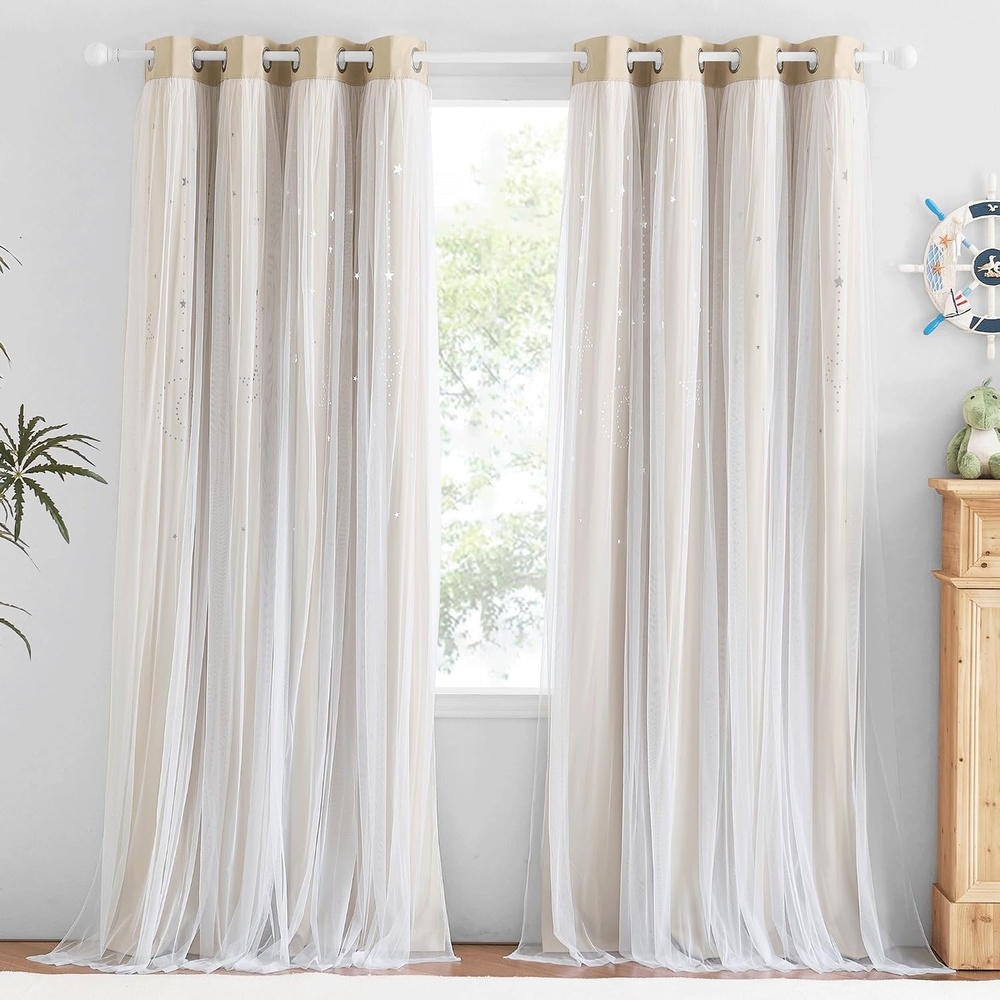 image:imageNICETOWN Kids Room Decor Curtains for Girls Nursery Star Cut Princess Room Design Curtains with Versatile Styling Options for Backdrops Pink amp Yellow amp Green amp Pink Each is W52 x L84 Sold by 2Moon Star Biscotti Beige