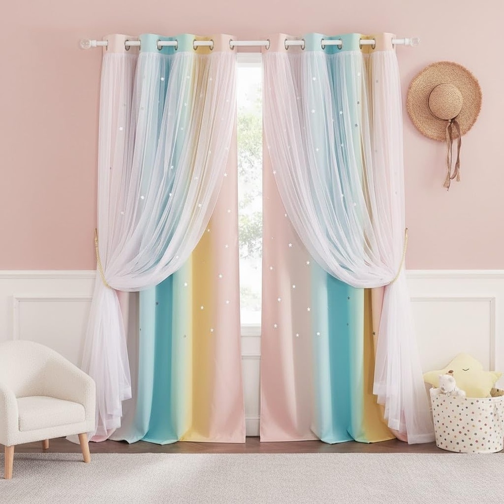 image:imageNICETOWN Kids Room Decor Curtains for Girls Nursery Star Cut Princess Room Design Curtains with Versatile Styling Options for Backdrops Pink amp Yellow amp Green amp Pink Each is W52 x L84 Sold by 2Pink Yellow Green Pink