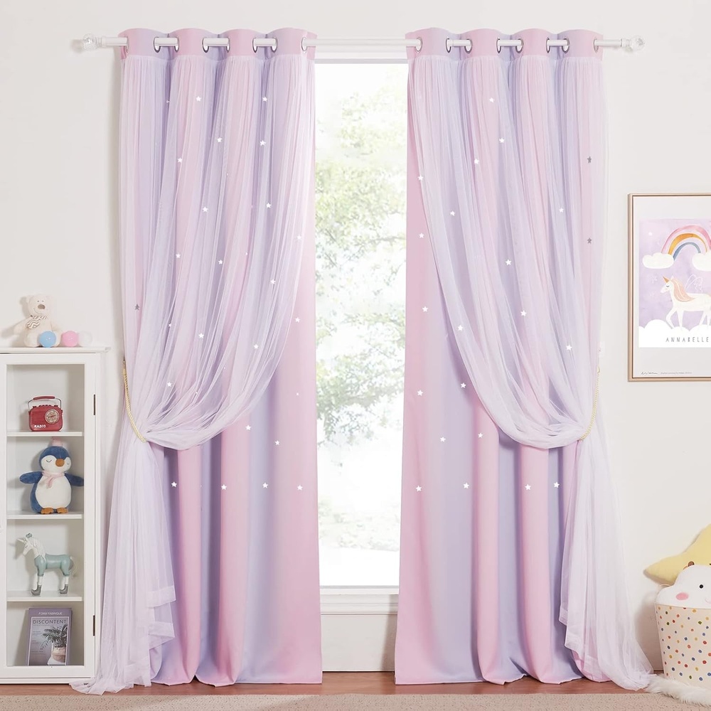 image:imageNICETOWN Kids Room Decor Curtains for Girls Nursery Star Cut Princess Room Design Curtains with Versatile Styling Options for Backdrops Pink amp Yellow amp Green amp Pink Each is W52 x L84 Sold by 2Pinke Purple