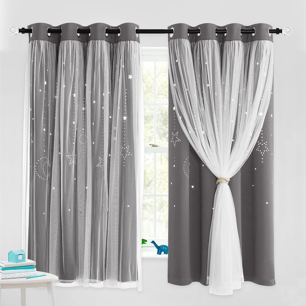 image:imageNICETOWN Kids Room Decor Curtains for Girls Nursery Star Cut Princess Room Design Curtains with Versatile Styling Options for Backdrops Pink amp Yellow amp Green amp Pink Each is W52 x L84 Sold by 2Moon Star Grey