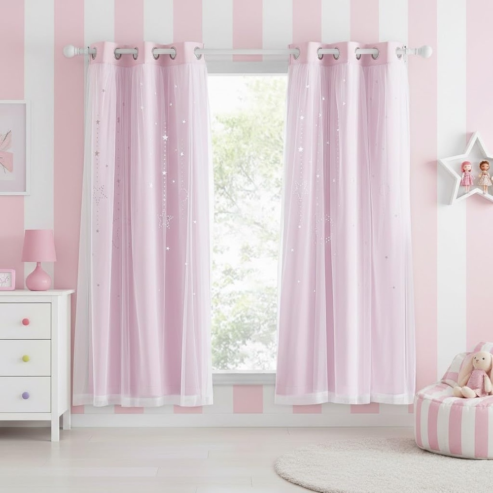 image:imageNICETOWN Kids Room Decor Curtains for Girls Nursery Star Cut Princess Room Design Curtains with Versatile Styling Options for Backdrops Pink amp Yellow amp Green amp Pink Each is W52 x L84 Sold by 2Moon Star Baby Pink