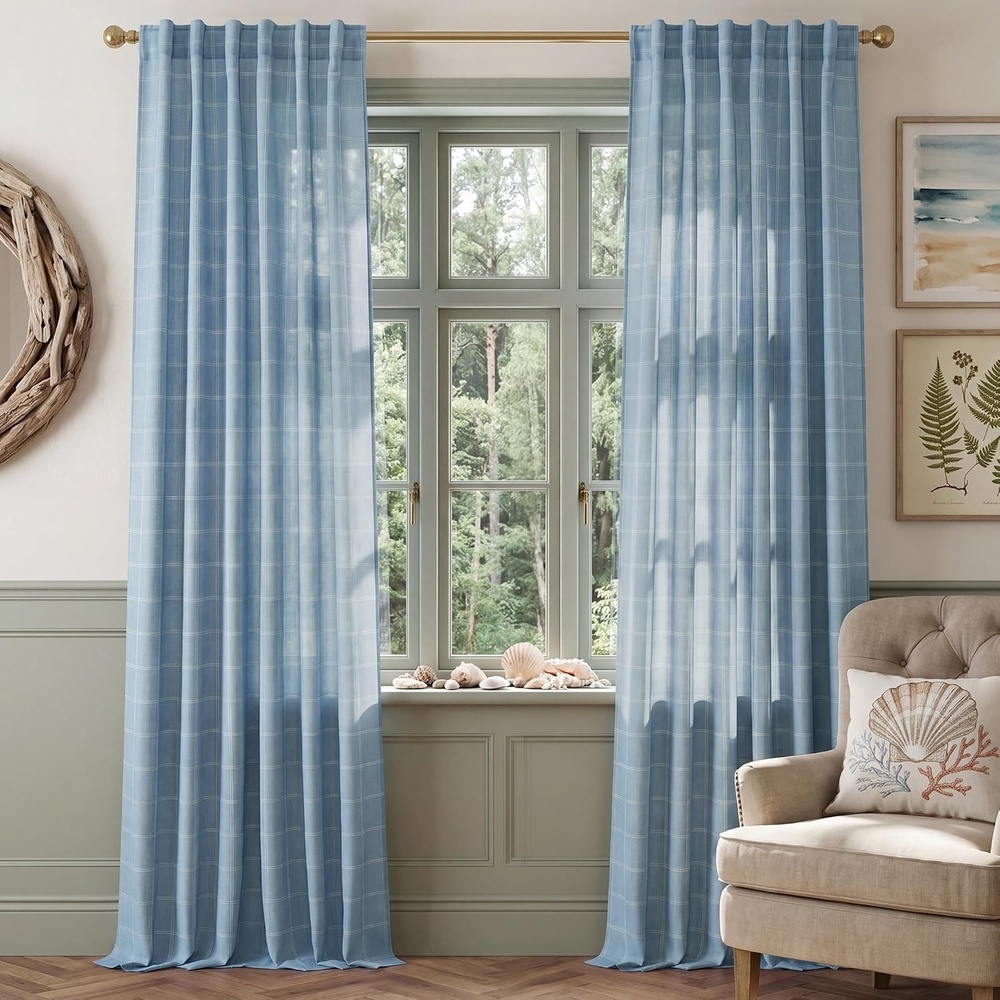 image:imageNICETOWN Taupe Plaid Print Linen Gingham Curtains 96 inches LongDiagonal Check Dusty Blue