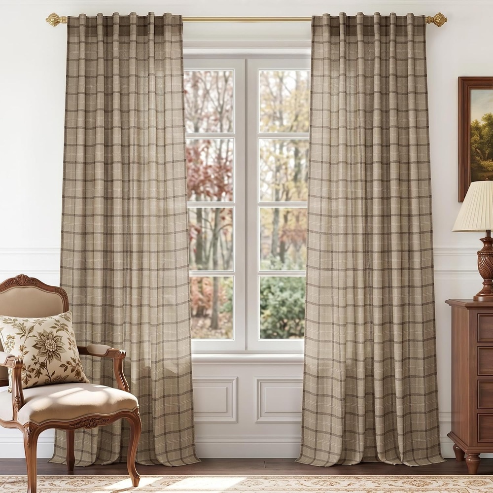 image:imageNICETOWN Taupe Plaid Print Linen Gingham Curtains 96 inches LongDiagonal Check Light Greige