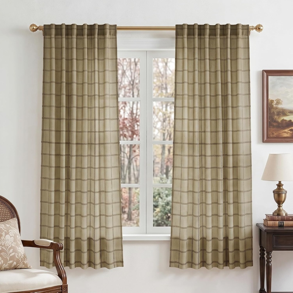 image:imageNICETOWN Taupe Plaid Print Linen Gingham Curtains 96 inches LongDiagonal Check Linen