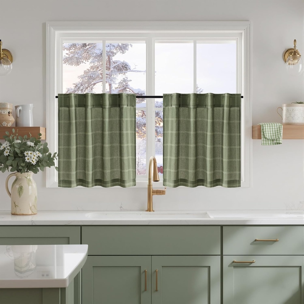 image:imageNICETOWN Taupe Plaid Print Linen Gingham Curtains 96 inches LongDiagonal Check Moss Green