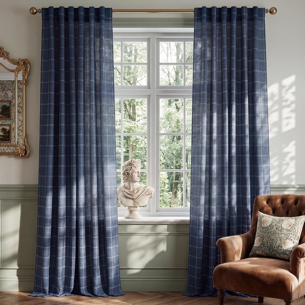 image:imageNICETOWN Taupe Plaid Print Linen Gingham Curtains 96 inches LongDiagonal Check Navy Blue