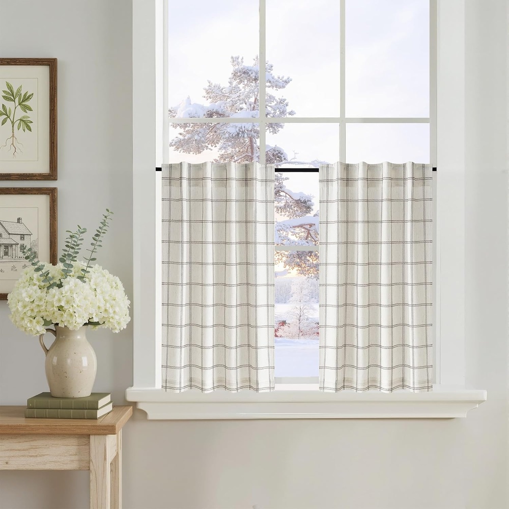 image:imageNICETOWN Taupe Plaid Print Linen Gingham Curtains 96 inches LongDiagonal Check White