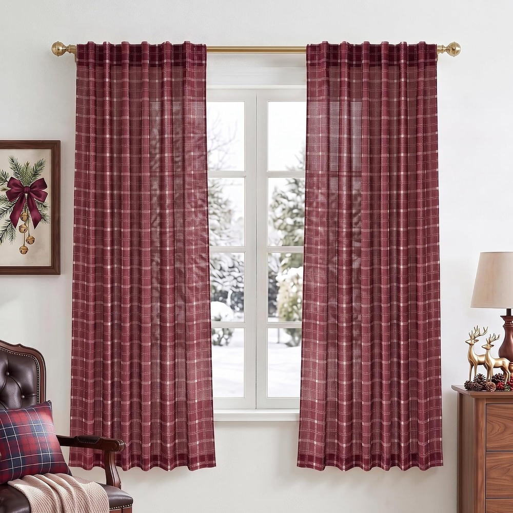 image:imageNICETOWN Taupe Plaid Print Linen Gingham Curtains 96 inches LongGrid Pattern Burgundy Red