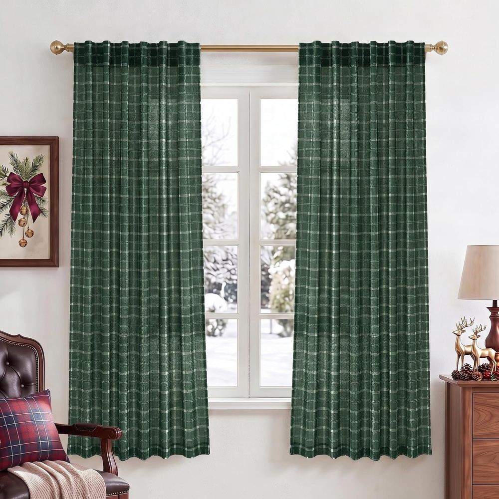 image:imageNICETOWN Taupe Plaid Print Linen Gingham Curtains 96 inches LongGrid Pattern Hunter Green