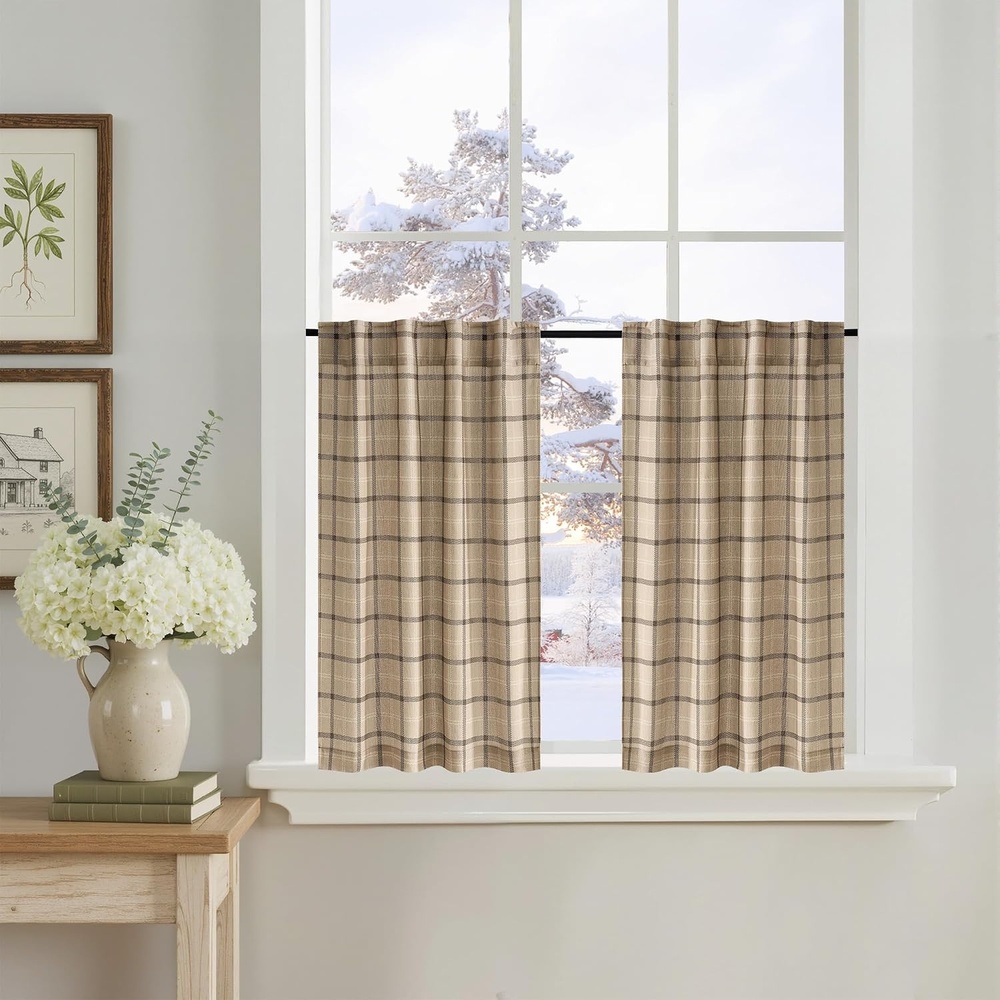 image:imageNICETOWN Taupe Plaid Print Linen Gingham Curtains 96 inches LongGrid Pattern Light Greige