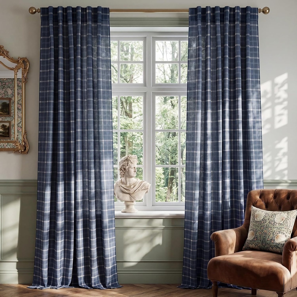 image:imageNICETOWN Taupe Plaid Print Linen Gingham Curtains 96 inches LongGrid Pattern Navy Blue