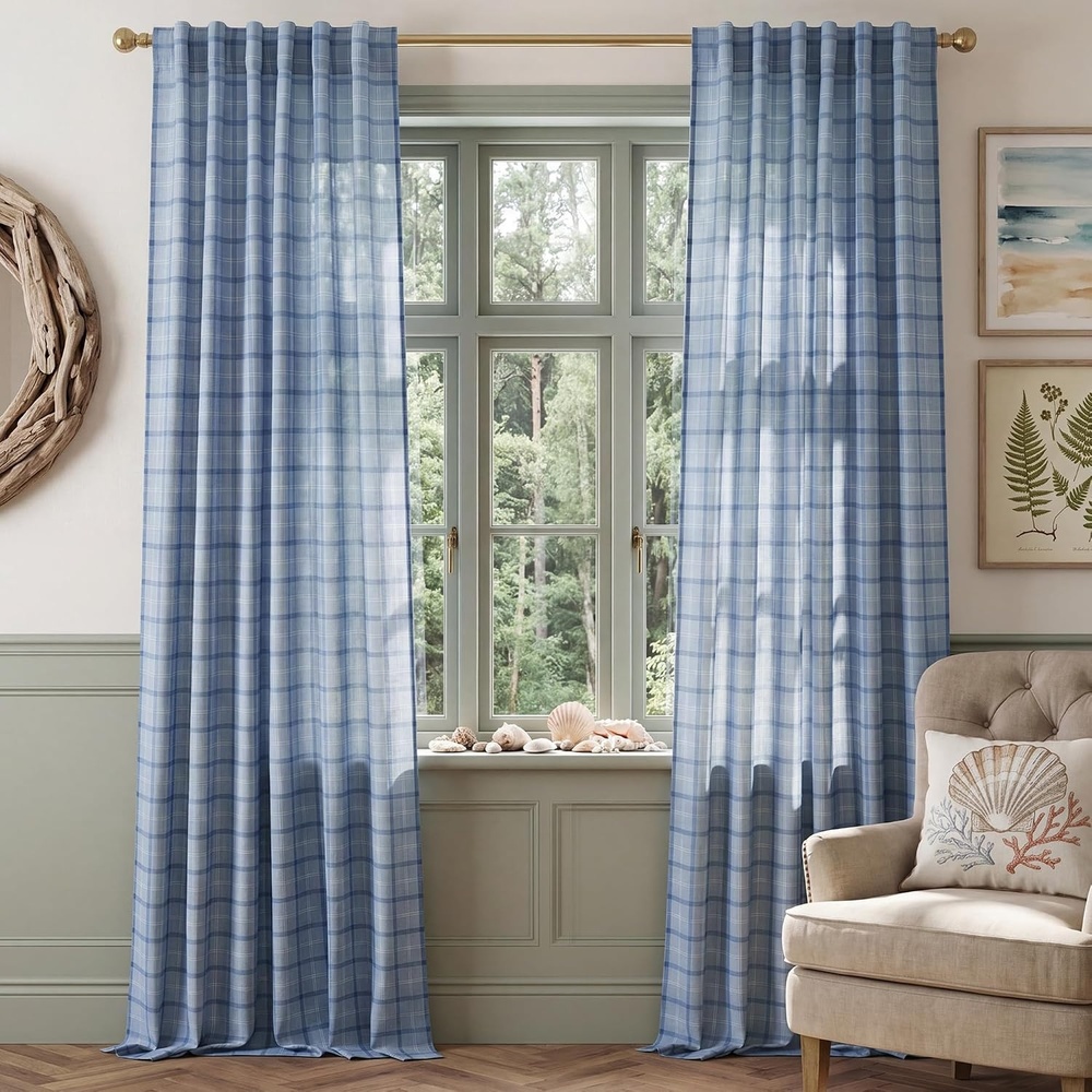image:imageNICETOWN Taupe Plaid Print Linen Gingham Curtains 96 inches LongGrid Pattern Seafoam Blue