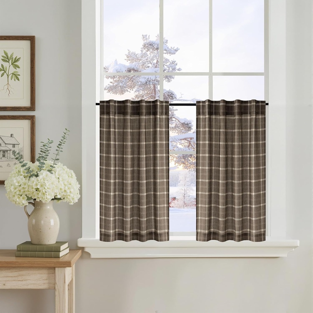 image:imageNICETOWN Taupe Plaid Print Linen Gingham Curtains 96 inches LongGrid Pattern Taupe