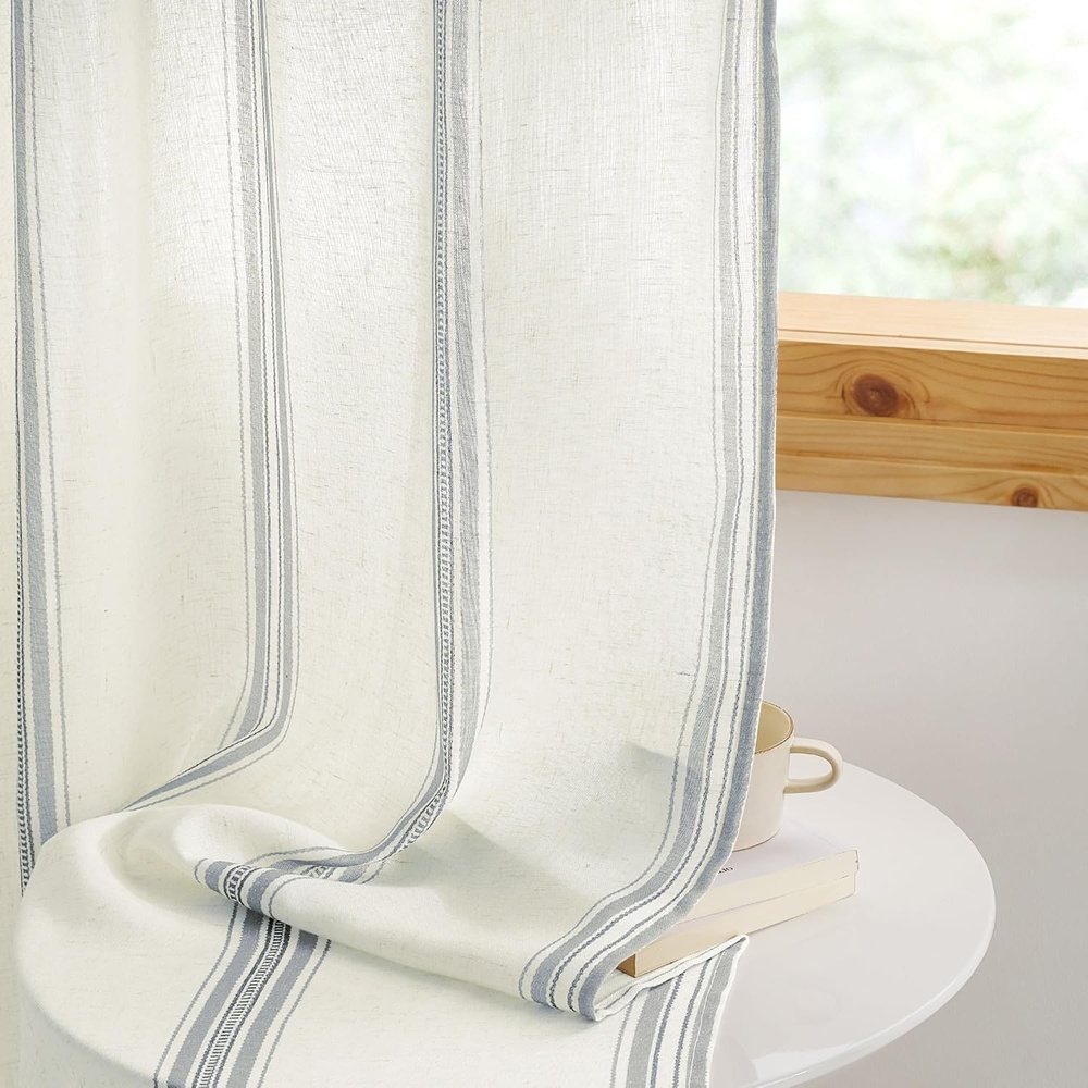image:imageNICETOWN Taupe Plaid Print Linen Gingham Curtains 96 inches LongSea Blue