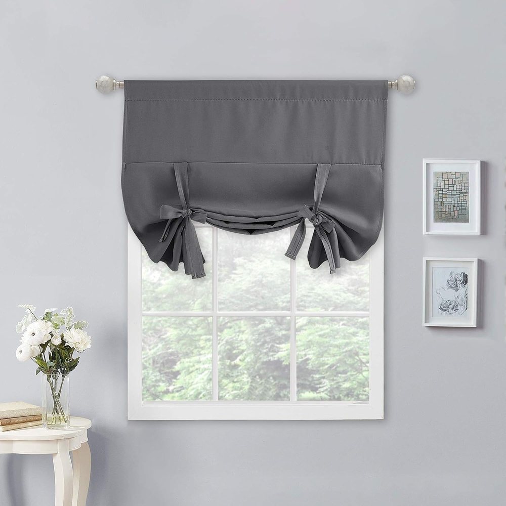 image:imageNICETOWN Thermal Insulated Blackout Short Curtain Bathroom Curtain Gray Tie Up Shade for Small Window Window Valance Balloon Roman Blind Rod Pocket Panel 46 inches W x 63 inches LGrey