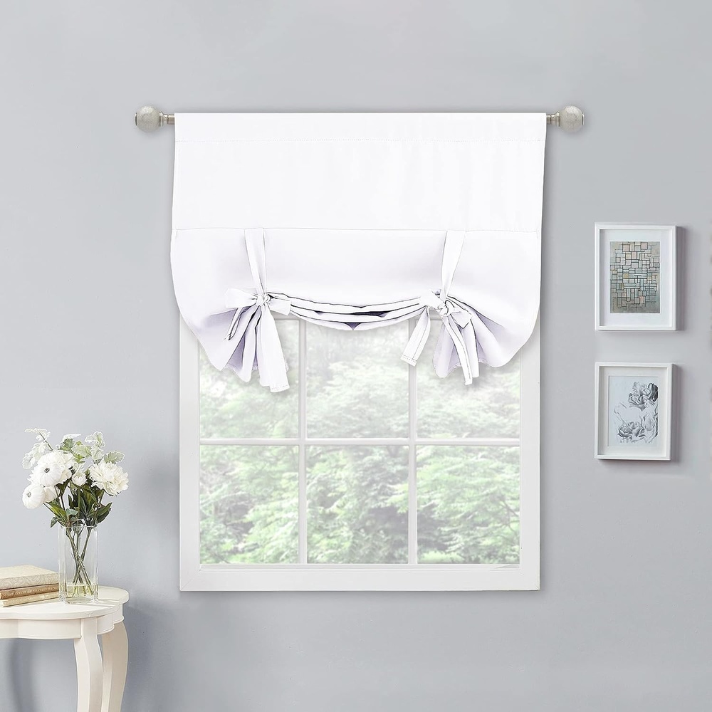 image:imageNICETOWN Thermal Insulated Blackout Short Curtain Bathroom Curtain Gray Tie Up Shade for Small Window Window Valance Balloon Roman Blind Rod Pocket Panel 46 inches W x 63 inches LPure White