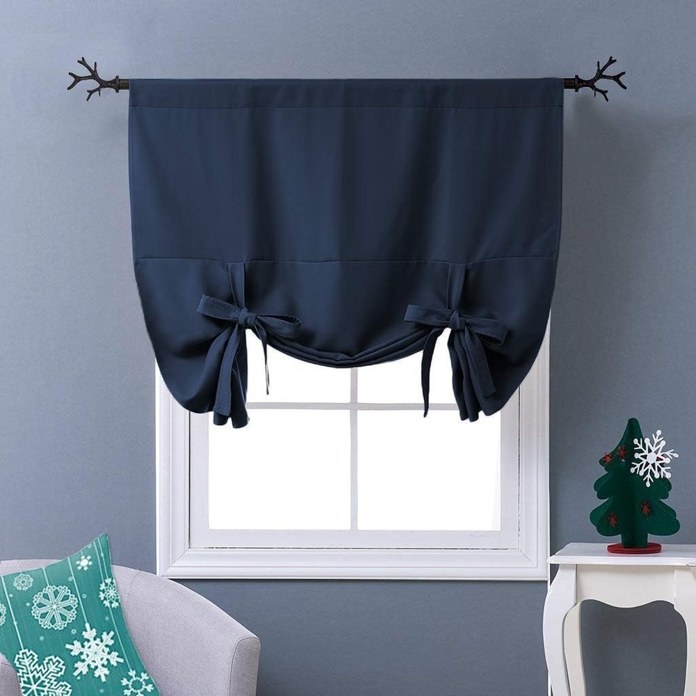 image:imageNICETOWN Thermal Insulated Blackout Short Curtain Bathroom Curtain Gray Tie Up Shade for Small Window Window Valance Balloon Roman Blind Rod Pocket Panel 46 inches W x 63 inches LNavy