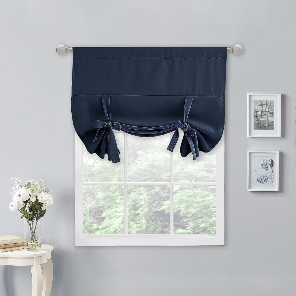 image:imageNICETOWN Thermal Insulated Blackout Short Curtain Bathroom Curtain Gray Tie Up Shade for Small Window Window Valance Balloon Roman Blind Rod Pocket Panel 46 inches W x 63 inches LNavy Blue
