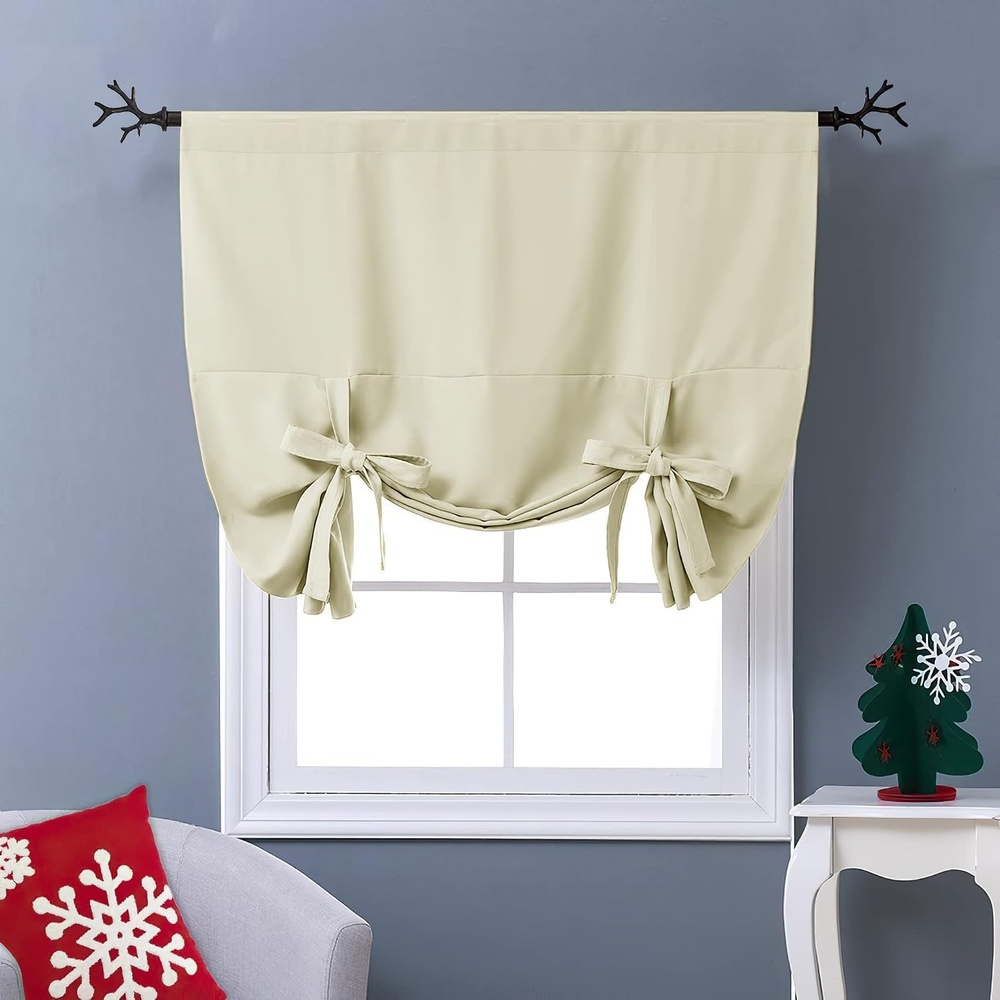 image:imageNICETOWN Thermal Insulated Blackout Short Curtain Bathroom Curtain Gray Tie Up Shade for Small Window Window Valance Balloon Roman Blind Rod Pocket Panel 46 inches W x 63 inches LLight Beige
