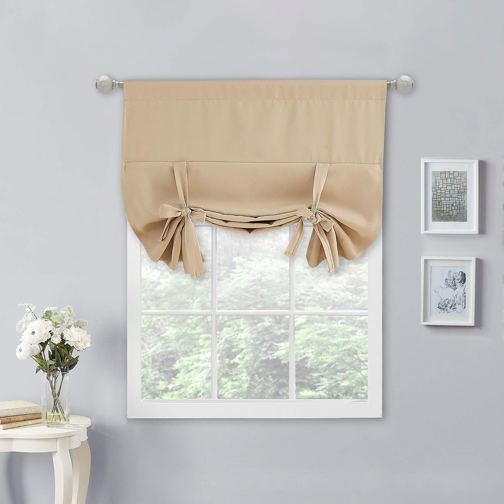 image:imageNICETOWN Thermal Insulated Blackout Short Curtain  Bathroom Curtain Gray Tie Up Shade for Small Window Window Valance Balloon Roman Blind Rod Pocket Panel 46 inches W x 63 inches LBiscotti Beige
