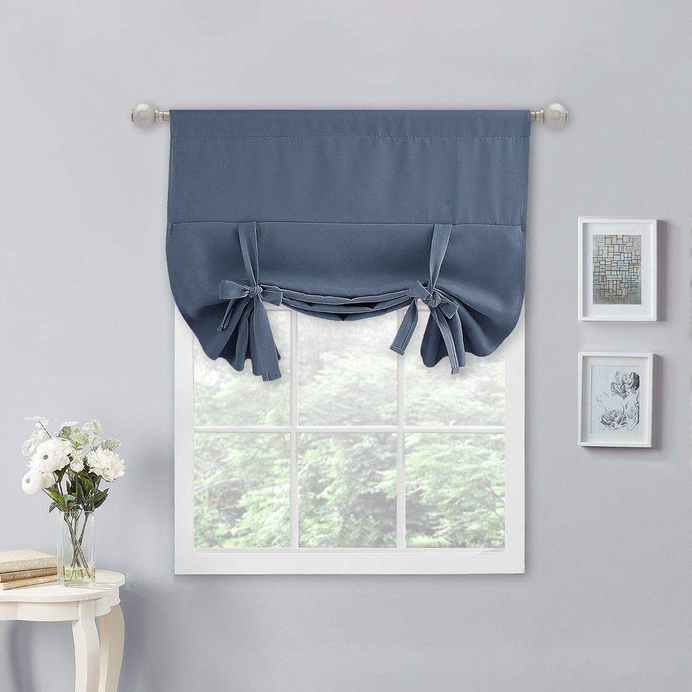 image:imageNICETOWN Thermal Insulated Blackout Short Curtain Bathroom Curtain Gray Tie Up Shade for Small Window Window Valance Balloon Roman Blind Rod Pocket Panel 46 inches W x 63 inches LStone Blue
