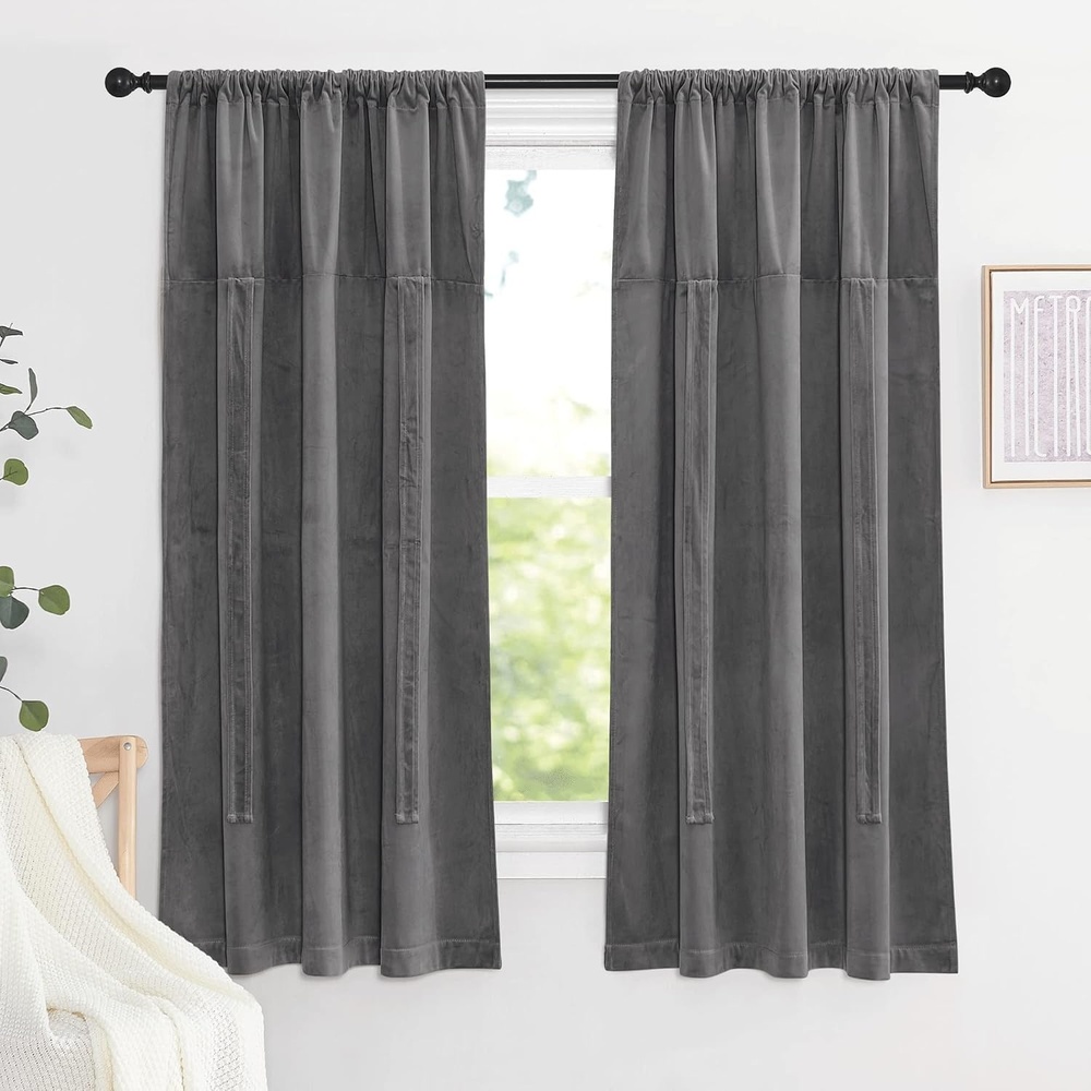 image:imageNICETOWN Thermal Insulated Blackout Short Curtain  Bathroom Curtain Gray Tie Up Shade for Small Window Window Valance Balloon Roman Blind Rod Pocket Panel 46 inches W x 63 inches LVelvet Grey