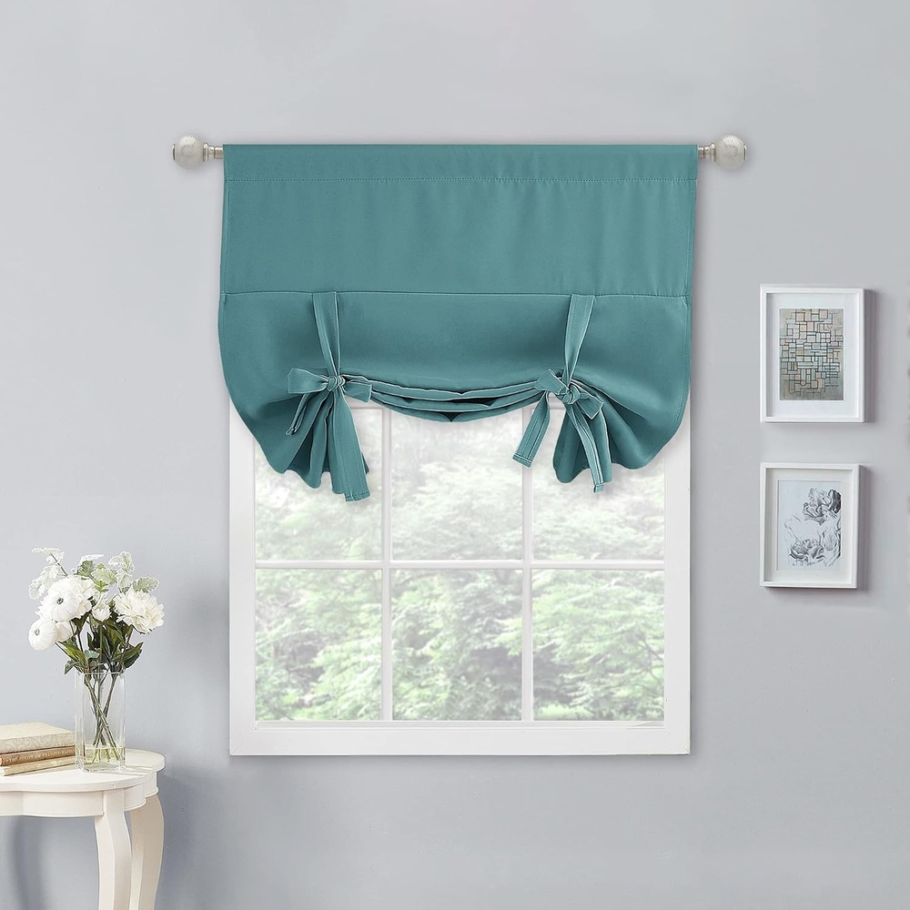 image:imageNICETOWN Thermal Insulated Blackout Short Curtain Bathroom Curtain Gray Tie Up Shade for Small Window Window Valance Balloon Roman Blind Rod Pocket Panel 46 inches W x 63 inches LSea Teal