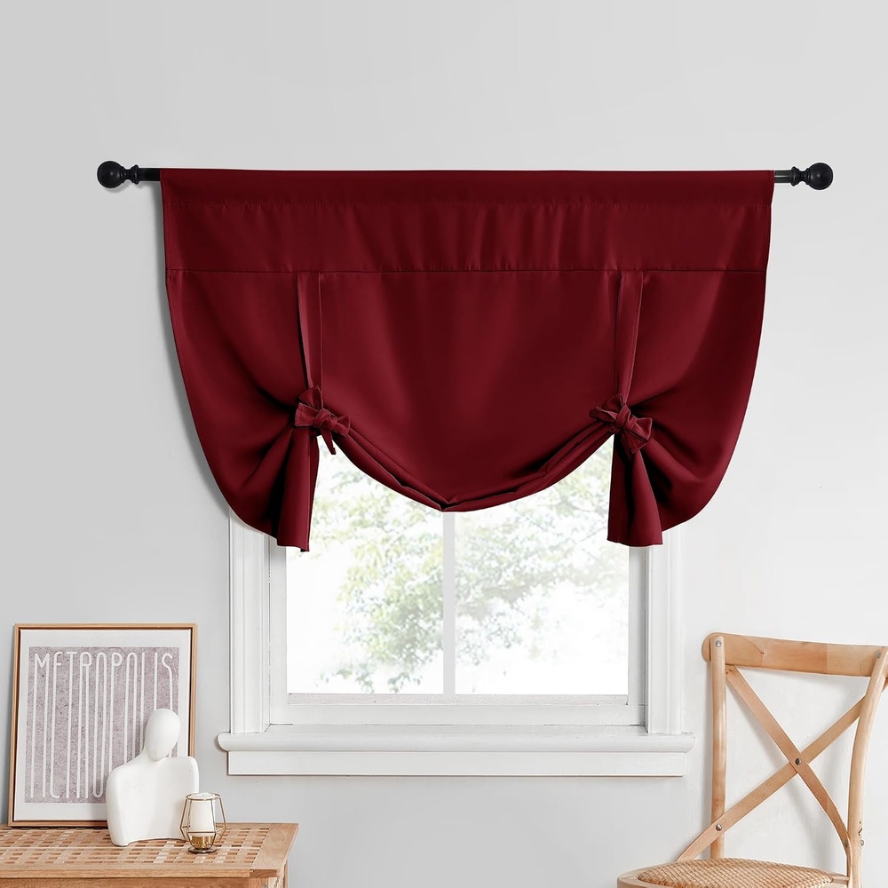 image:imageNICETOWN Thermal Insulated Blackout Short Curtain Bathroom Curtain Gray Tie Up Shade for Small Window Window Valance Balloon Roman Blind Rod Pocket Panel 46 inches W x 63 inches LRed